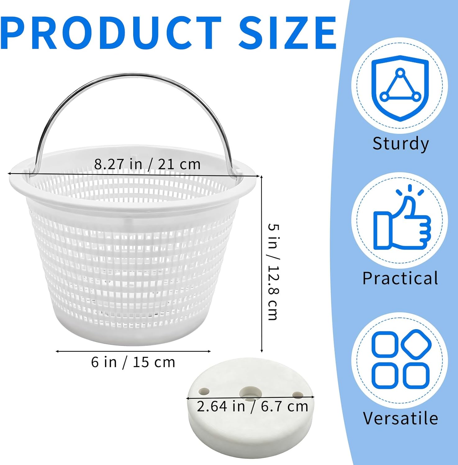 2 Pack Pool Skimmer Basket for Inground Pool, 8 Inch Plastic Skim Filter Basket with Stainless Steel Handle and Weighting Block for Remove Leaves and Debris, White