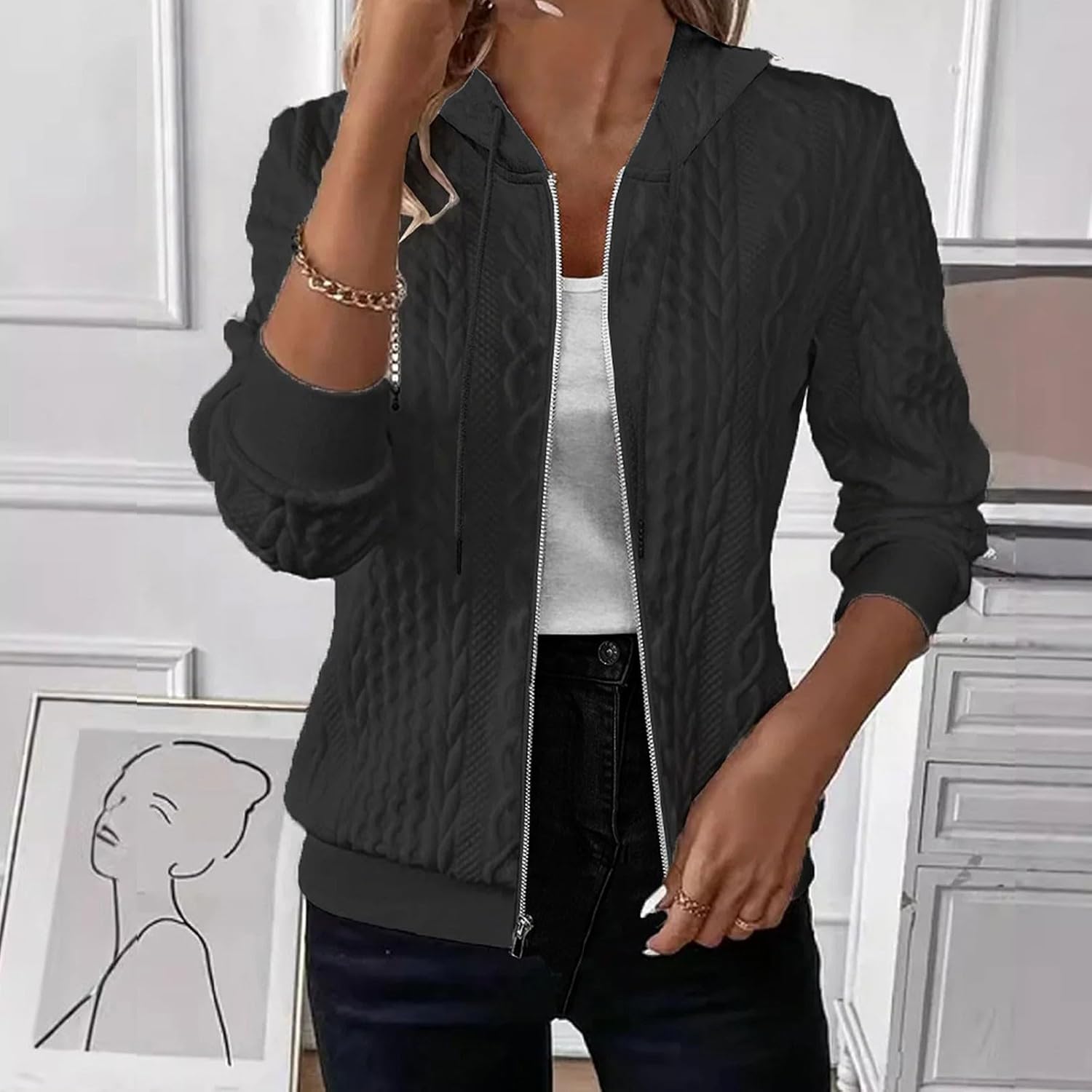 Xiaojmake Womens Zip Up Cardigan Sweater Cable Knit Hoodie Coat Long Sleeve Jackets Oversized Outwear Drawstring Sweatshirts - Image 2