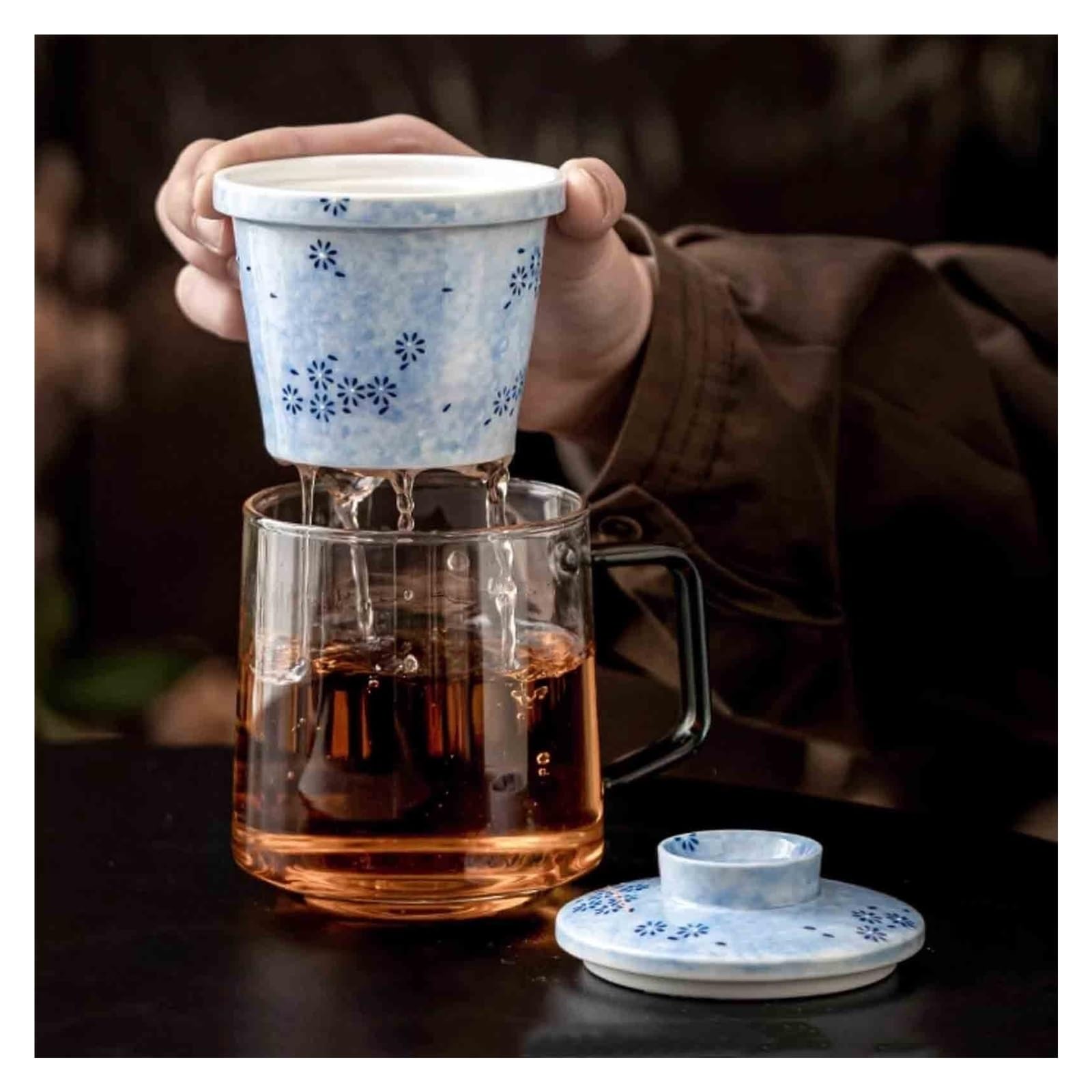 Tasses en verre Tasse à thé en verre avec infuseur et couvercle en céramique, 15,7 oz