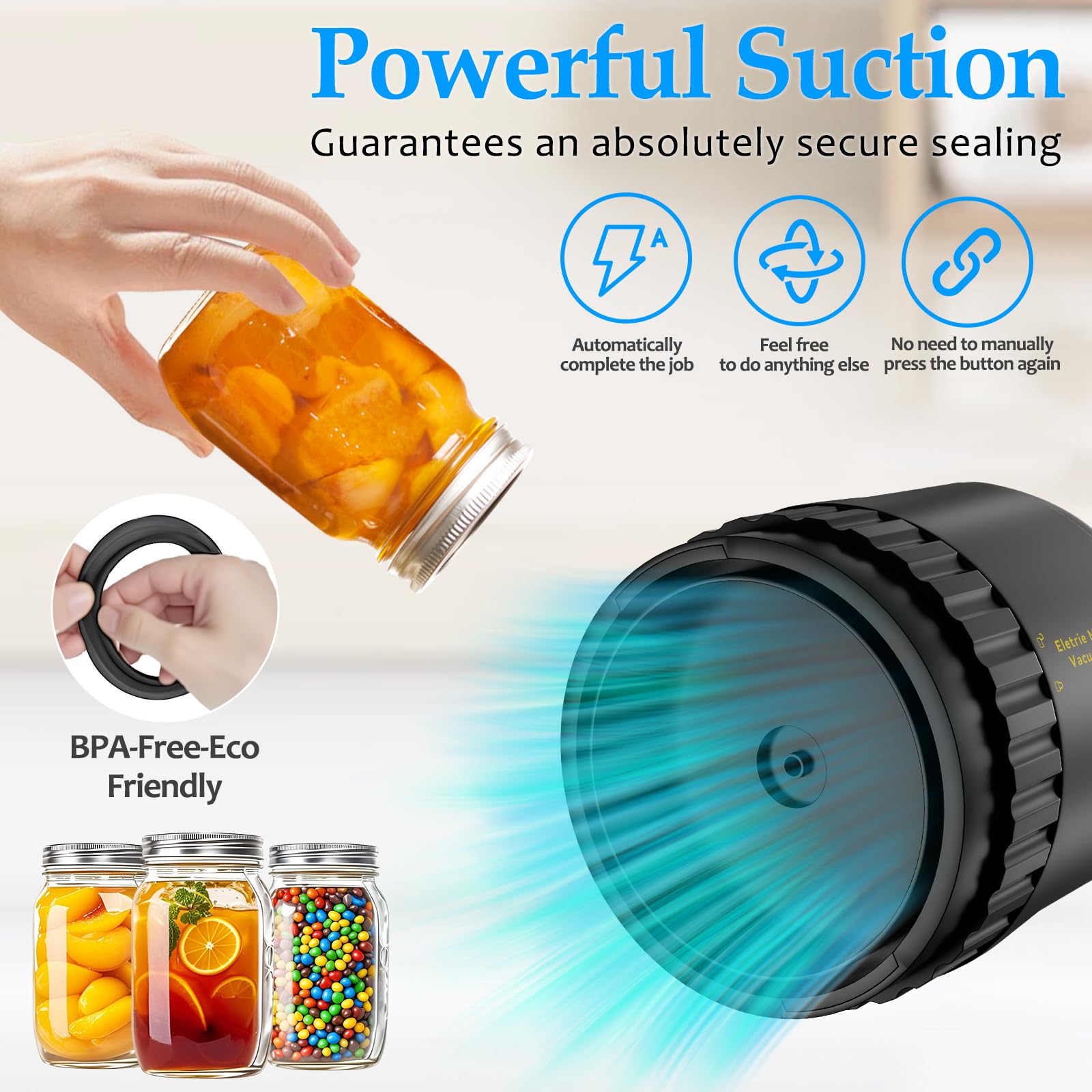Electric Mason Jar Vacuum Sealer Kit, Auto Stop Mason jar Vacuum Sealer for Wide Mouth?Regular Mouth Jars, Cordless Mason Jar Kit with Can Opener, 8 Jar Lids, Food Storage Labels