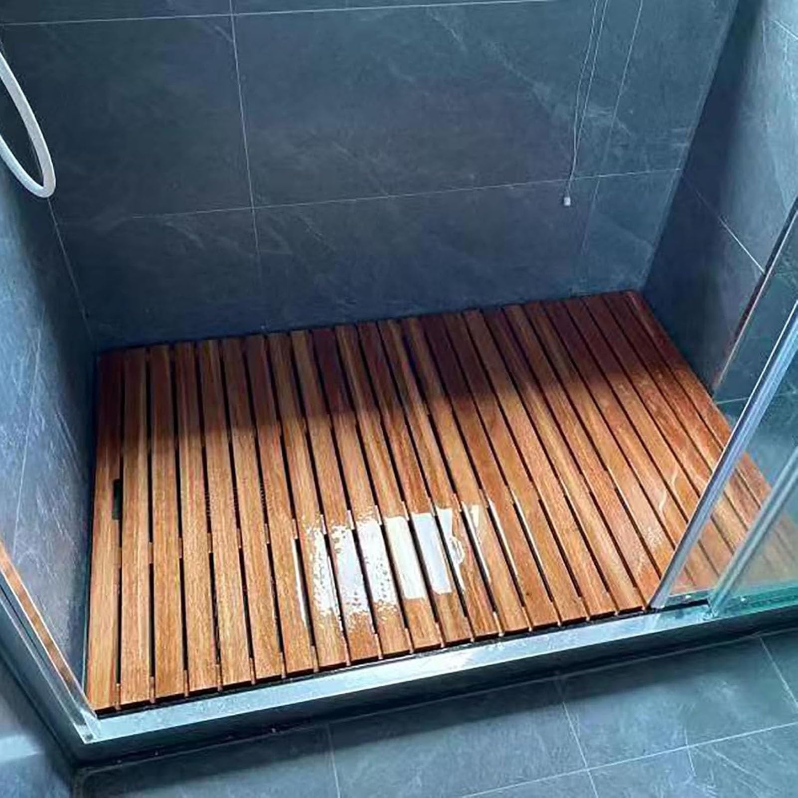Heavy-Duty Bath Shower Mats Waterproof Floor Mats, Non-Slip Sturdy Wooden Teak Bath Mat with Center Drain Hole No-Maintenance,Quick Dry Comfortable Wood Board for Kitchen Spa Indoor Outdoor Use(25x36i