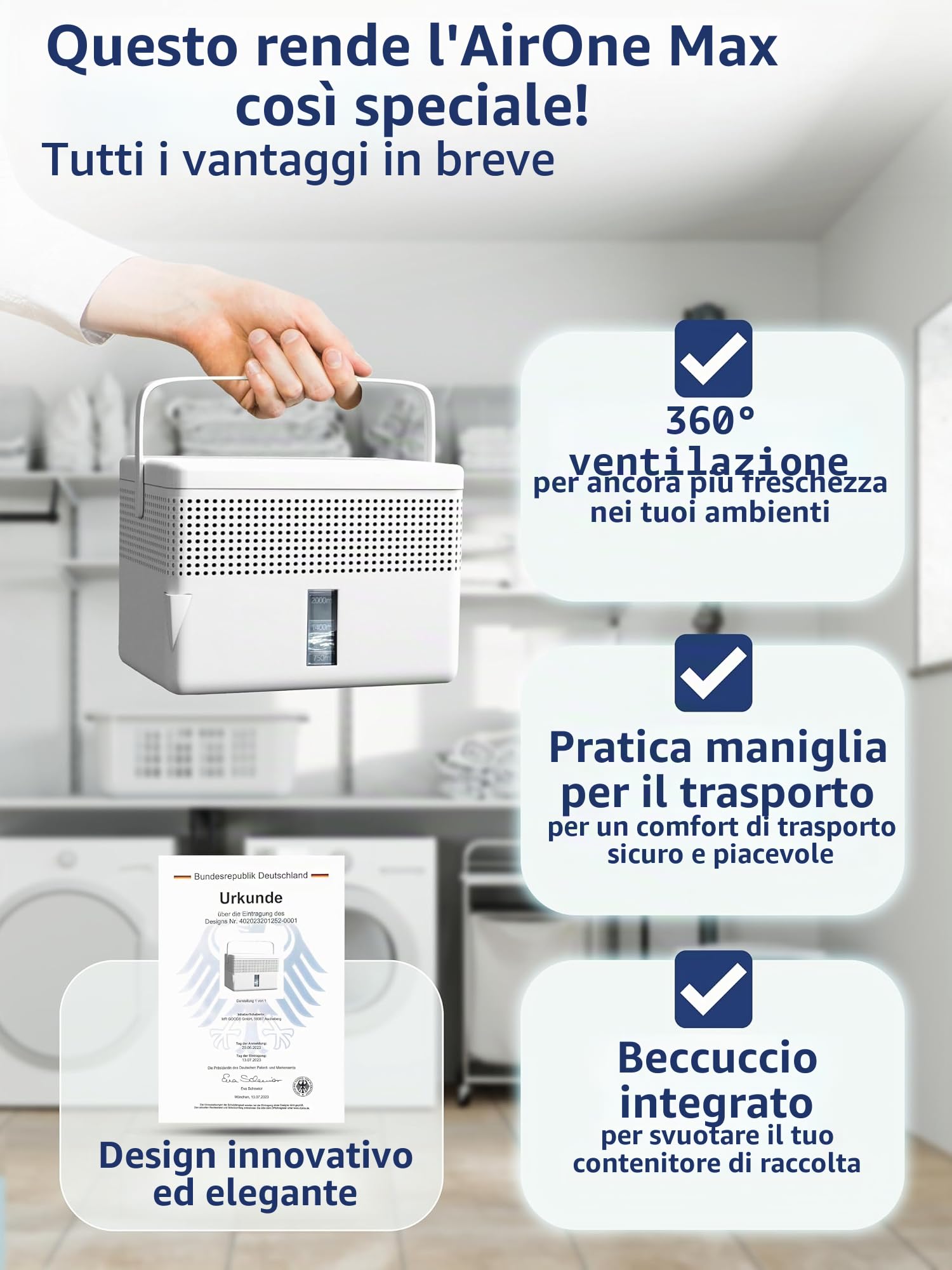 BonAura® 2 x AirOne Max Deumidificatore senza elettricità fino a 33m² | Ventilazione a 360° | Deumidificatore con beccuccio e 980g di granulato deumidificante | Protezione da muffa e odori |