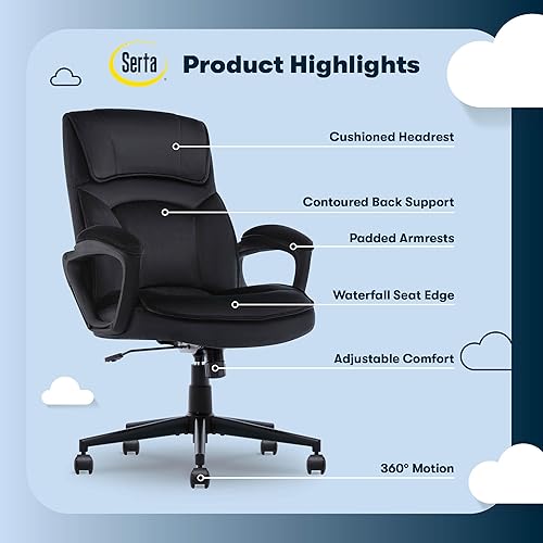 Miniatura 74 de Serta® Hannah Silla ejecutiva para oficina en casa, ergonómica de respaldo medio con soporte lumbar, cojín de asiento firme, almohadas corporales