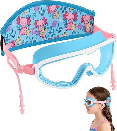 Axolotl Toddler Swim GoggleFabric Strap Pain-Free, Anti-FogAnti-leakage earplugs for Boys and Girls