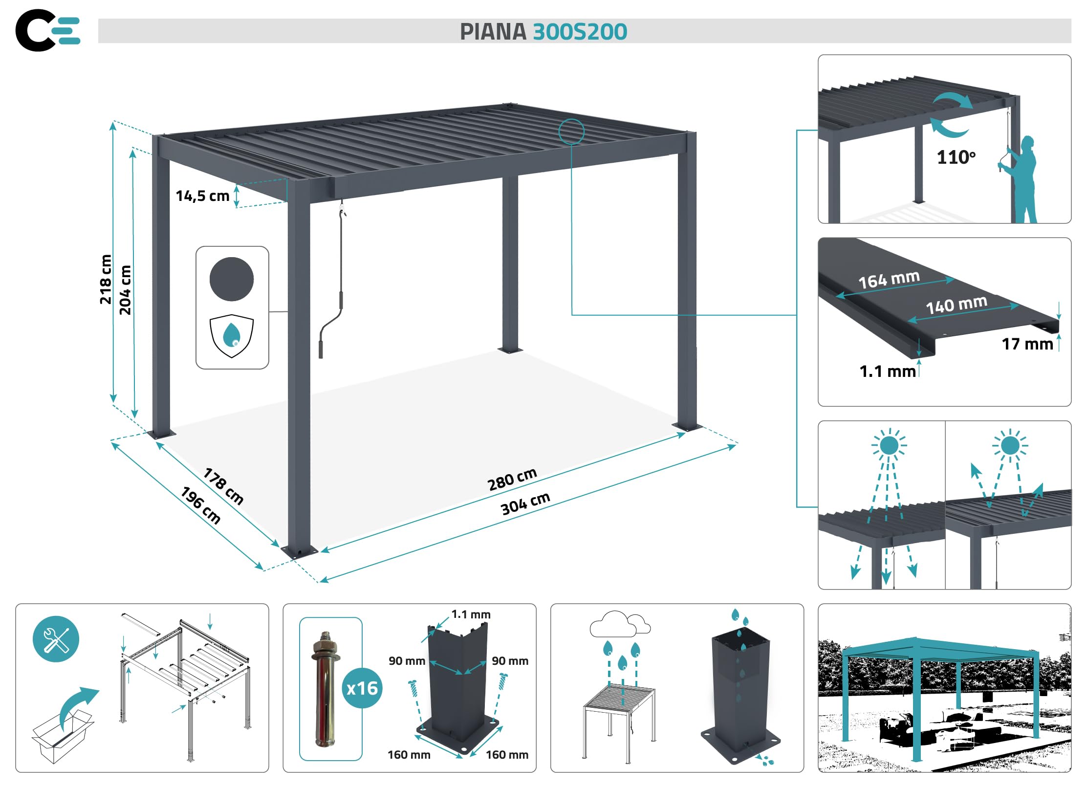 Cazeboo PIANA 3x2m szara aluminiowa samonośna pergola bioklimatyczna