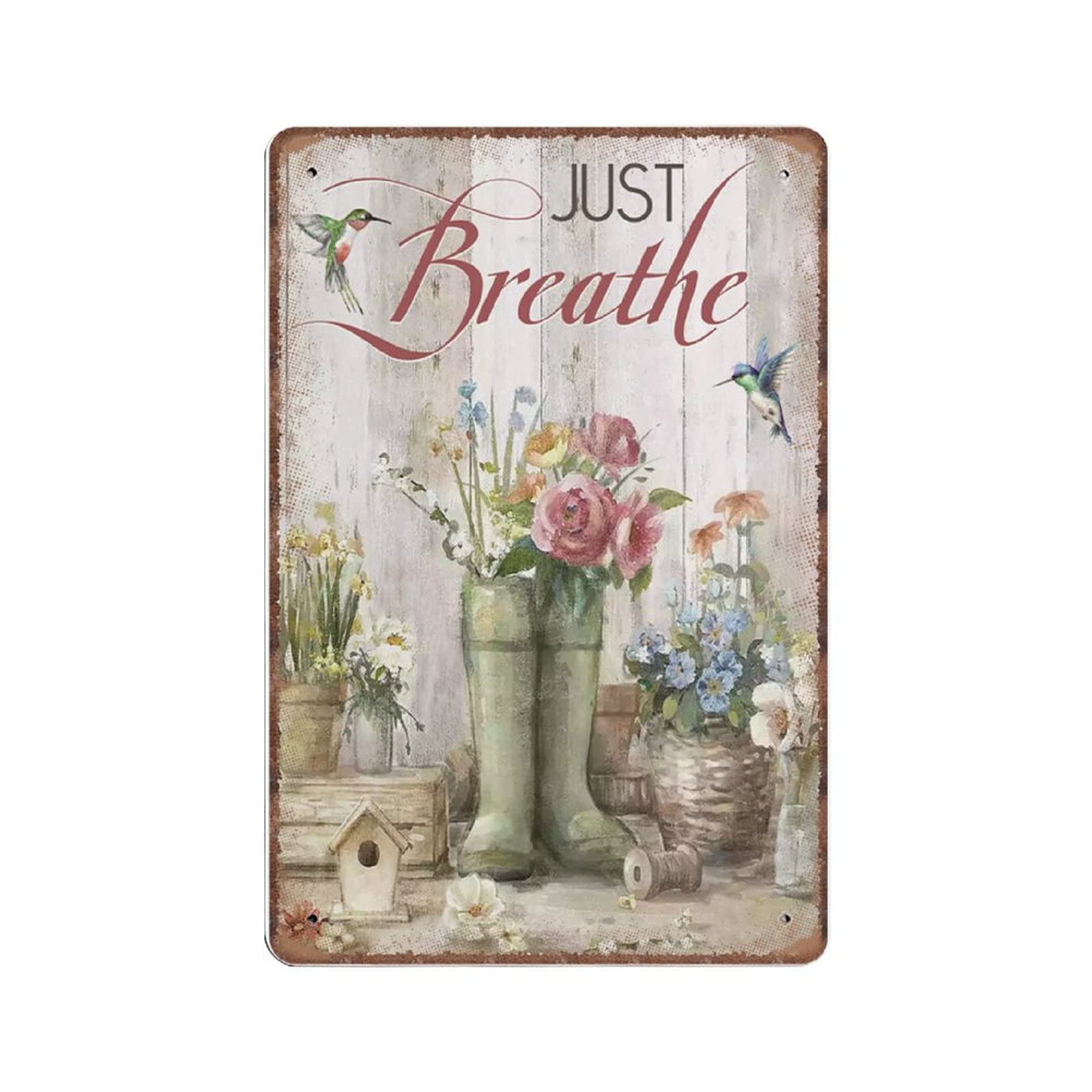 Daiercy Material_tin 4 Hippie Tin Signs Hummingbird Wild Flower Just Breathe Funny Vintage Metal Sign Plaqu Poster Wall Art Pub Bar Kitchen Garden Bathroom Home Decor, 140X200 Mm