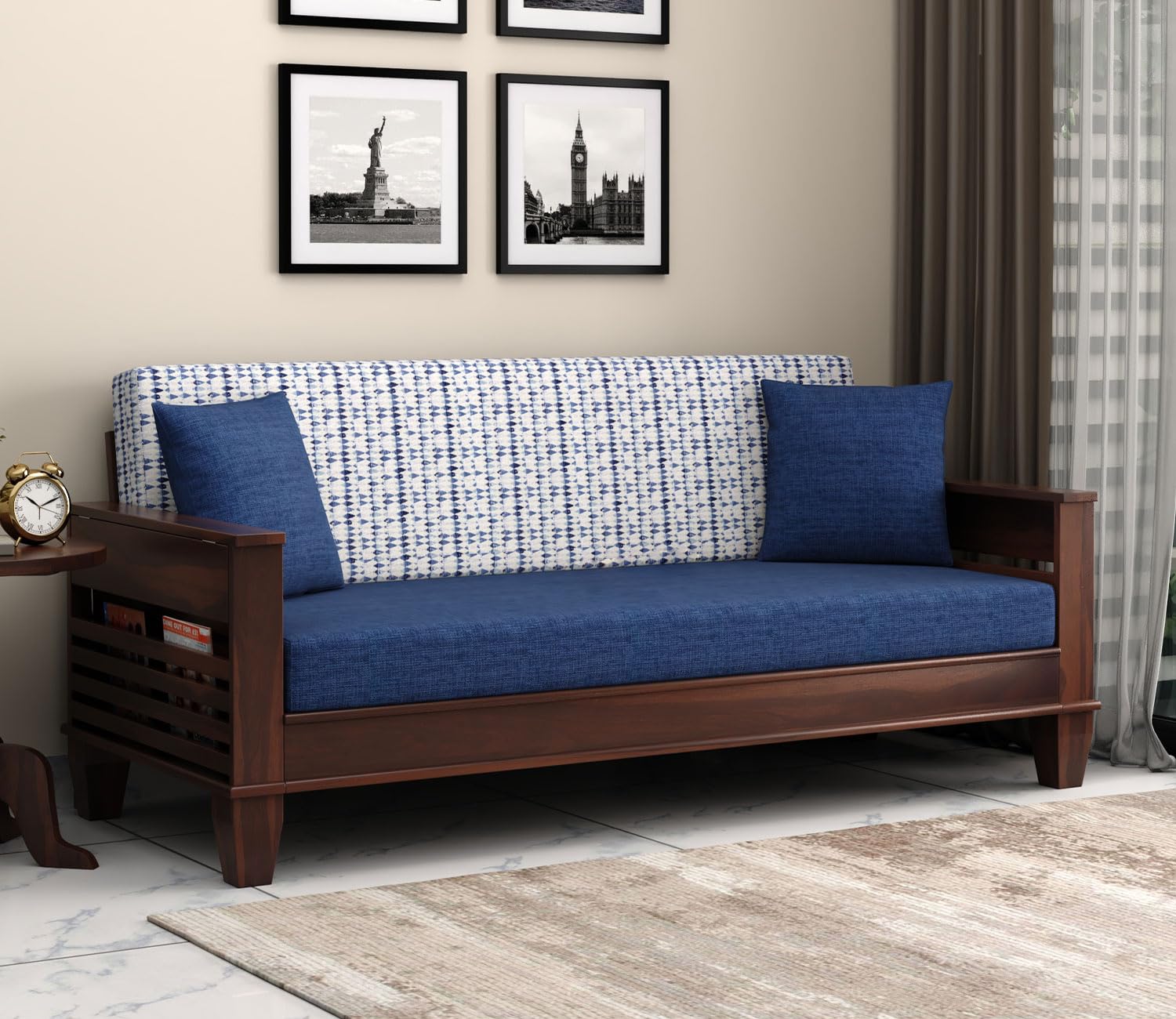 Solid Wood Sofa Cums Bed for Living & Bedroom | 3 Seater Sofa Cums Bed (Walnut Iris Blue) Solid Wood Sofa Cums Bed for Living & Bedroom | 3 Seater Sofa Cums Bed (Walnut Iris Blue)