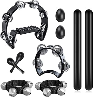 10 Pcs Tambourines for Adults - Half Moon Tambourine, Wood Rhythm Sticks, Bells Tambourine, Wrist Bells, Egg Shakers, Sand Hammers, Musical Percussion Instrument Set for Church, KTV, School, Party