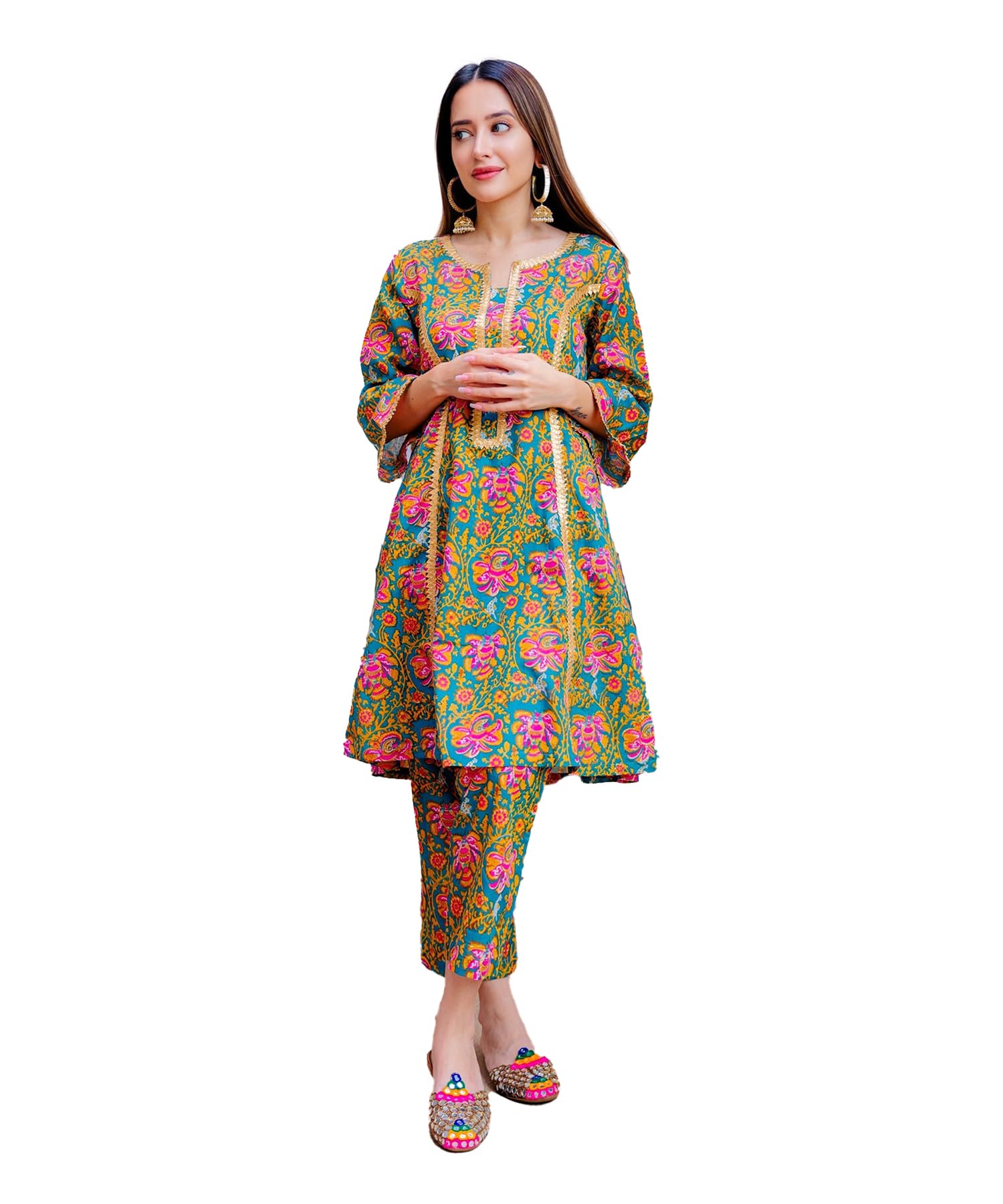Lookmark Women's Cotton Blend Floral Printed Kurta Pant Set Suitable For Every Indian Occasion (Az-Lm-Og-Ks2172-Xl) Green