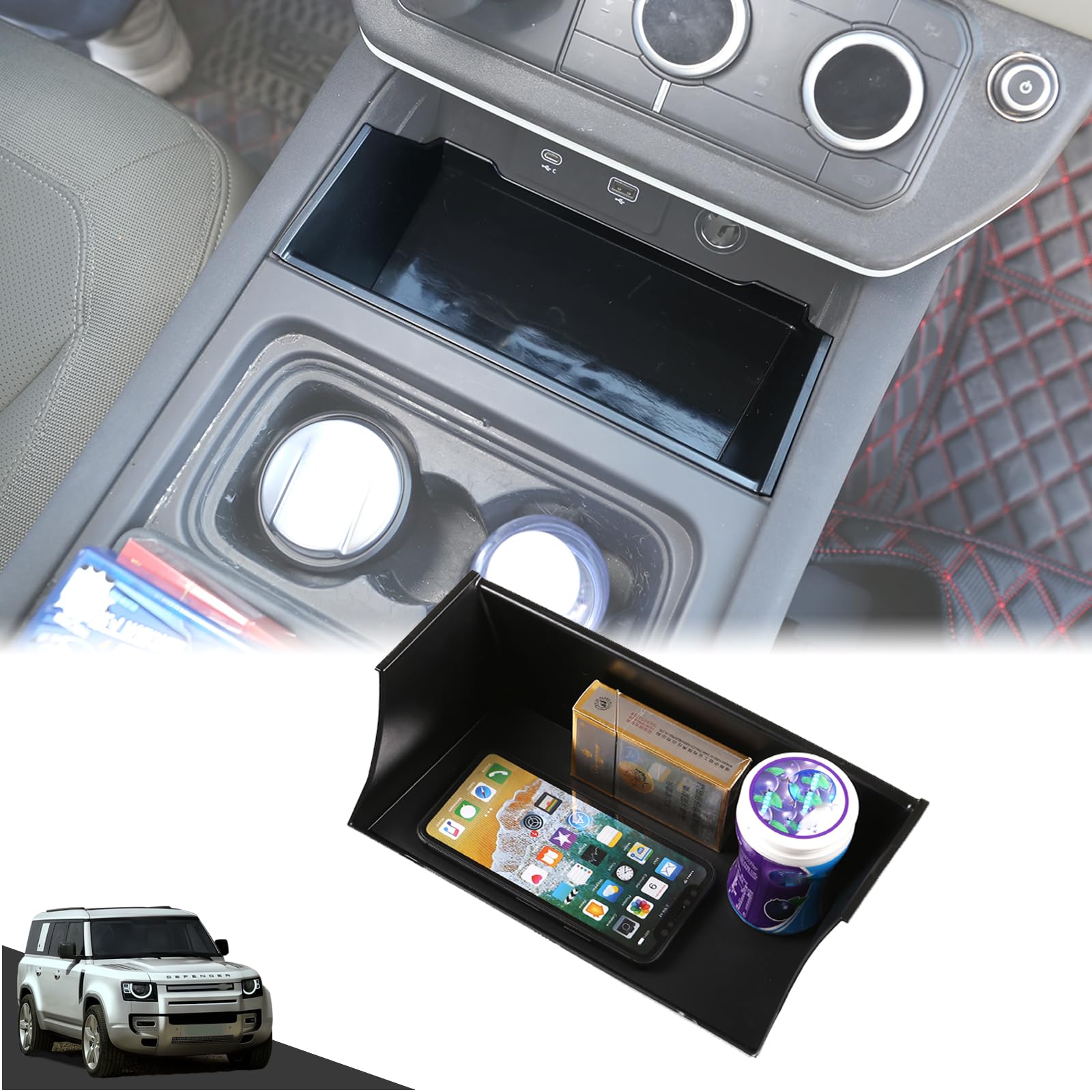 HIRUFAIT Center Console Organizer Tray Compatible with Land Rover Defender 90/110/130 2020-2023 Accessories, Center Console Storage Box ABS Black