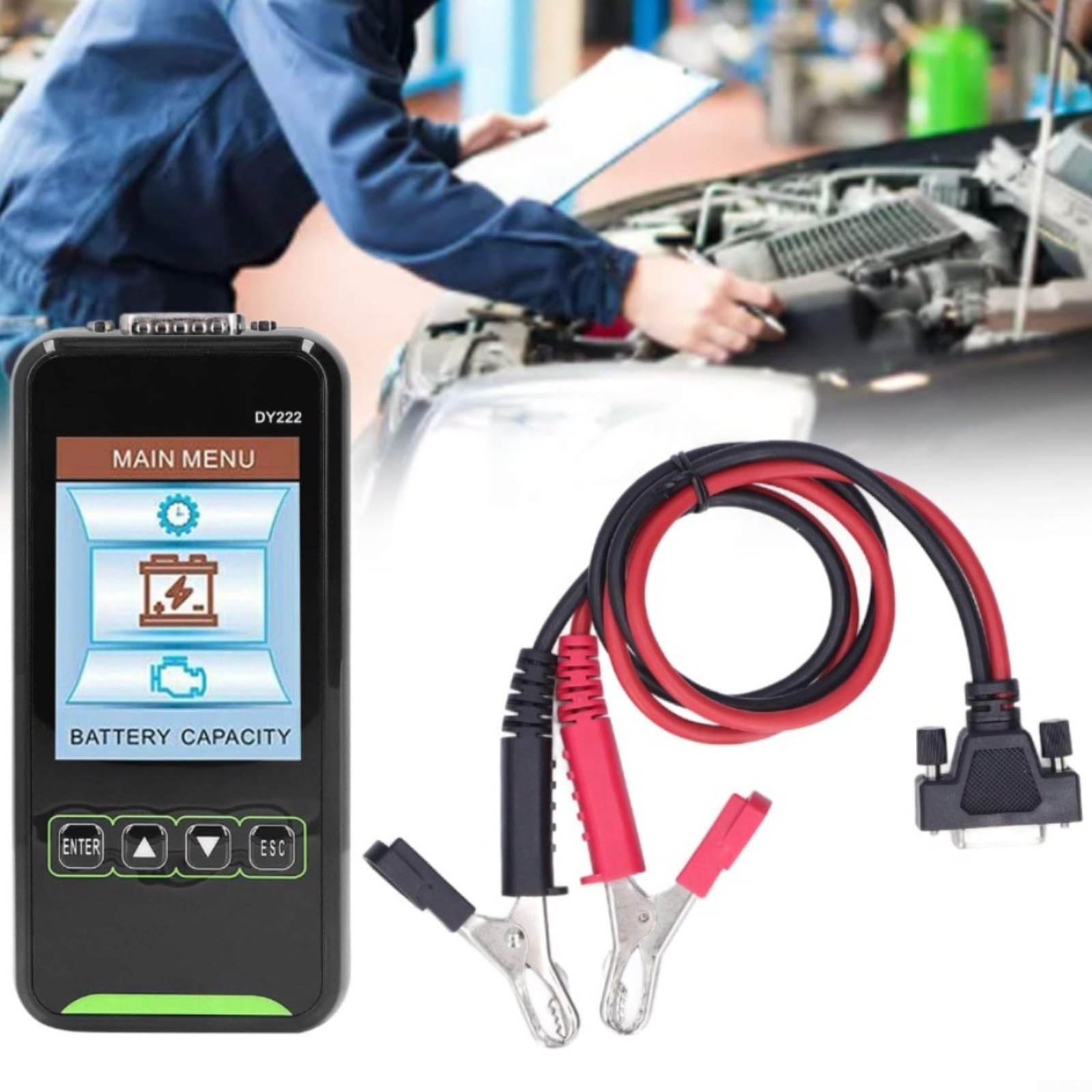 DY222 - Comprobador de batería de 12 V 24 V con LCD de 3,2 pulgadas para batería de coche, motor de arranque y alternador, comprobador de resistencia interna con medición Kelvin e indicador
