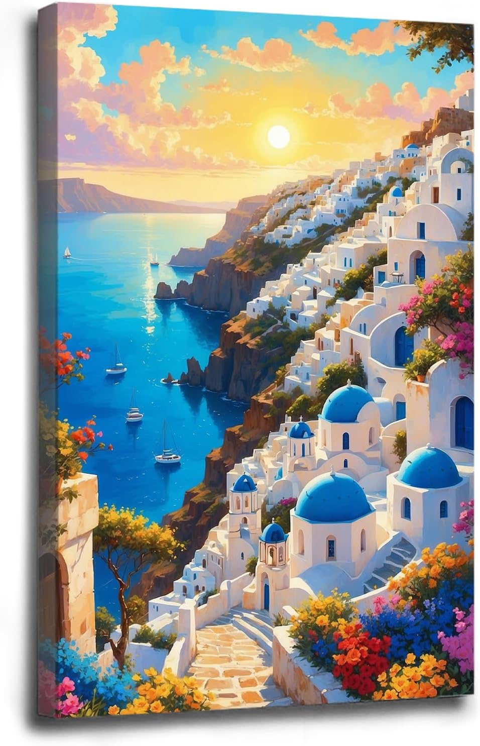 Italy Painting Oil Canvas Wall Art： Mediterranean Cityscape Artwork Italian Sea Picture Modern City Street Decoration Landscape Prints for Paris Cafe Room Decor 16x24in Wood Framed