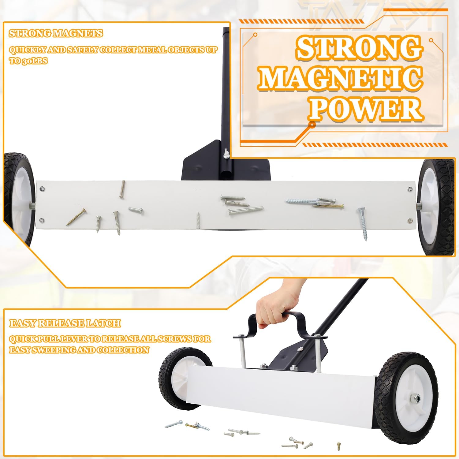 24" Rolling Magnetic Sweeper with Wheels Quick Release Magnetic Sweeper Heavy Duty Magnetic Pickup Sweeper w/30LBS Capacity Adjustable Magnetic Handle Sweeper for Nails Screws Collection