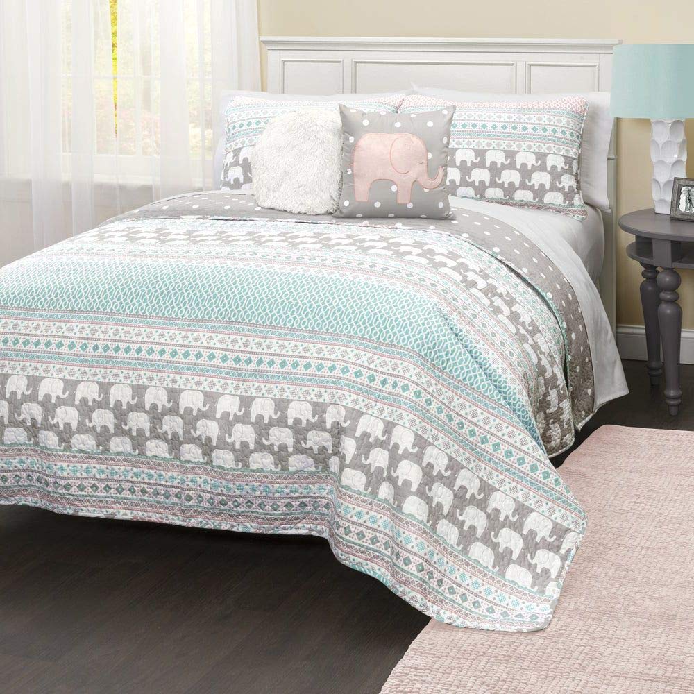 5 Piece Blue Pink Kids Animal Print Full Queen Quilt Set, Grey Pink Elephant Themed Bedding Geometric Horizontal Stripes Medallion Diamond Pattern Wild Life African Jungle Gray Polka Dot, Polyester