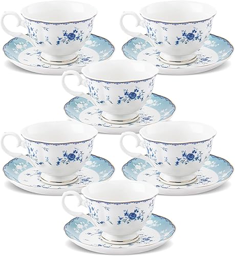 fanquare Juego de 6 tazas de té de rosa azul, tazas de café de porcelana con adornos dorados para fiesta y hogar, taza y platillos británicos