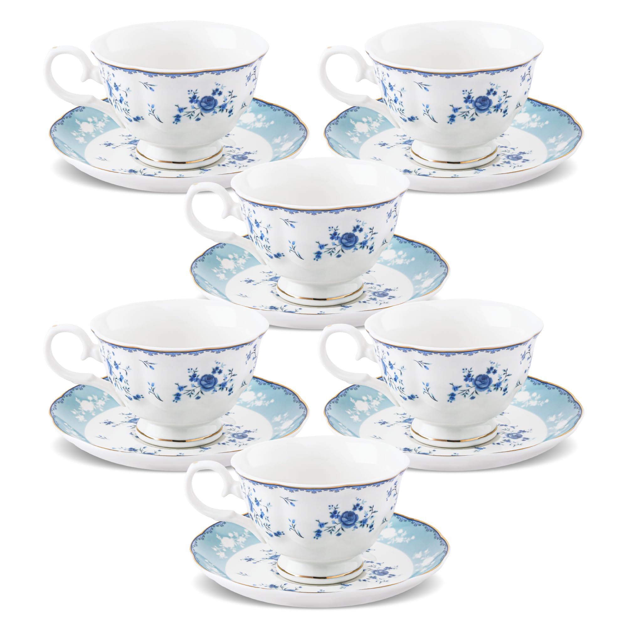 fanquare Lot de 6 Tasses à Thé Bleues à Fleurs et Soucoupes, élégantes Tasses à Café en Porcelaine Britannique, Tasses à Thé pour Femmes Adultes 150 ml