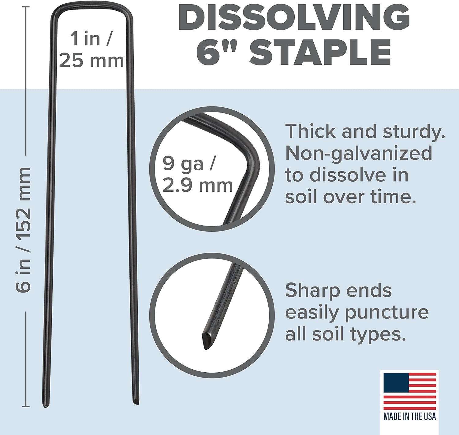 Pinnacle Mercantile USA Made 300 Pack Dissolving Garden Landscape Staples Weed Barrier Fabric Stakes 6 inch Pins Sod Staple 9 Gauge Steel