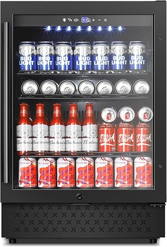 24" Beverage Refrigerator Glass Door Reversible Black | Built-in/free, fast cool,lt;38dB, temp memory, glass+lock, 37-65F, 190 can