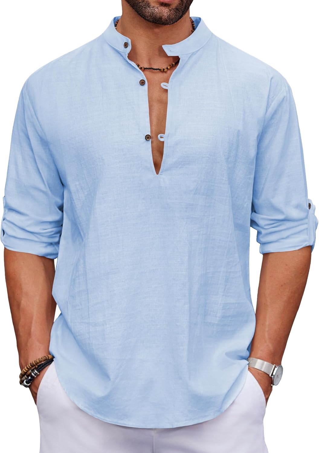 COOFANDY Men's Cotton Linen Henley Shirt Casual Beach Hippie Shirts Long Sleeve T-Shirts
