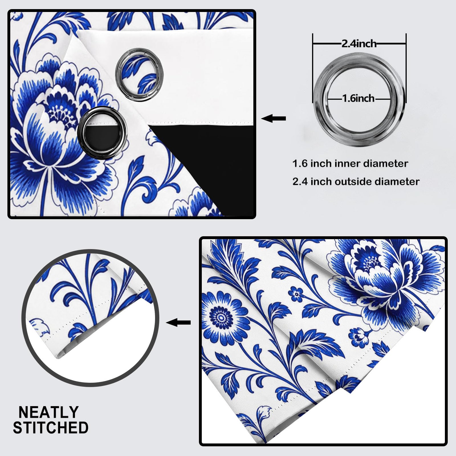 Blau-Weiße Porzellanpfingstrose Verdunkelungsvorhänge mit Ösen im Retro-Blumenmuster | Blickdichte Vorhänge für Schlafzimmer, Wohnzimmer und Kinderzimmer,H200cmxB140cm(2er Pack)