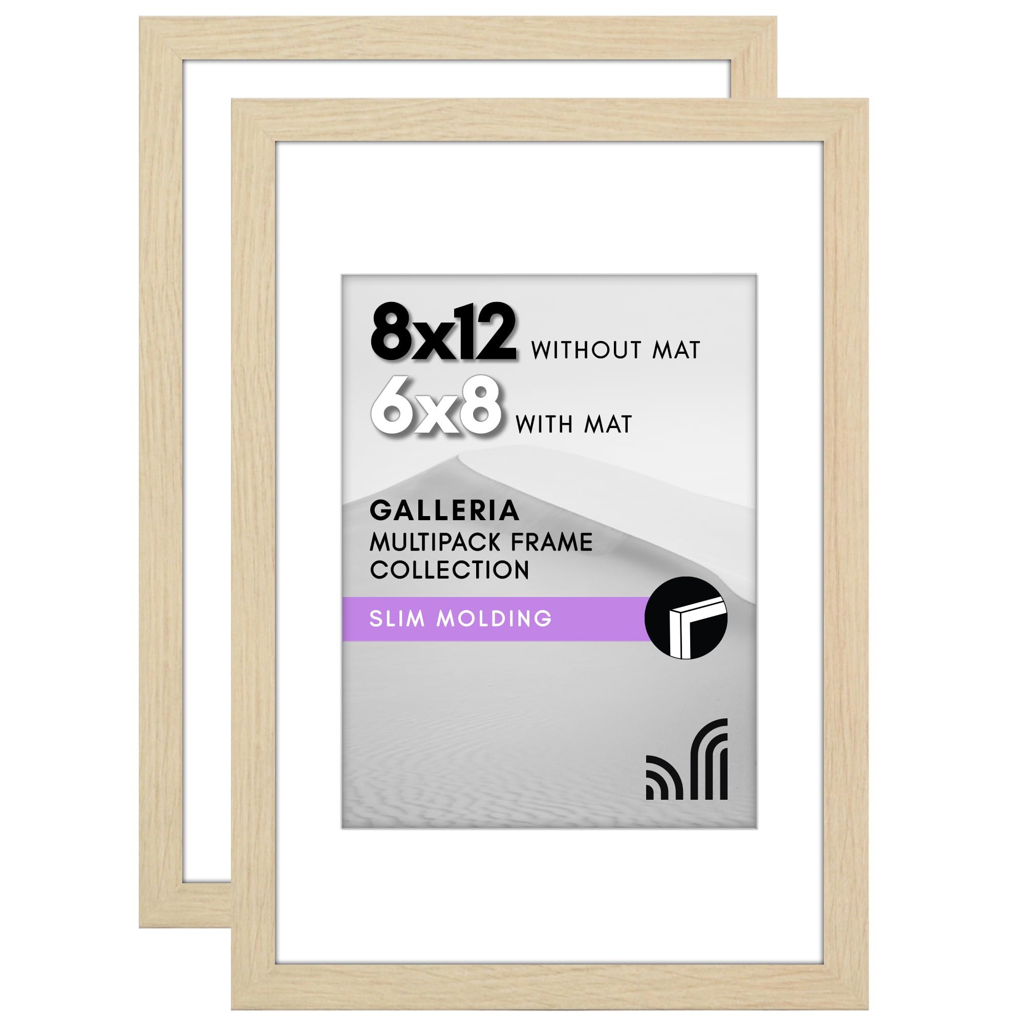 Americanflat 8x12 Picture Frame With Polished Plexiglass - Set of 2 - Use as 6x8 With Mat or 8x12 Without Mat - Galleria Collection - Gallery Wall Set for Wall Display - Natural Oak