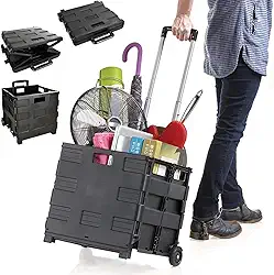 Carrinho De Compras Vira Maleta Cesto Dobrável Portátil Feira Mercado Ferramentas Multiuso Retrátil Reforçado Resistente 25Kg Rodina Dia a Dia Pique Nique Trabalho (Preto)