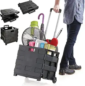 Carrinho De Compras Vira Maleta Cesto Dobrável Portátil Feira Mercado Ferramentas Multiuso Retrátil Reforçado Resistente 25Kg Rodina Dia a Dia Pique Nique Trabalho (Preto)