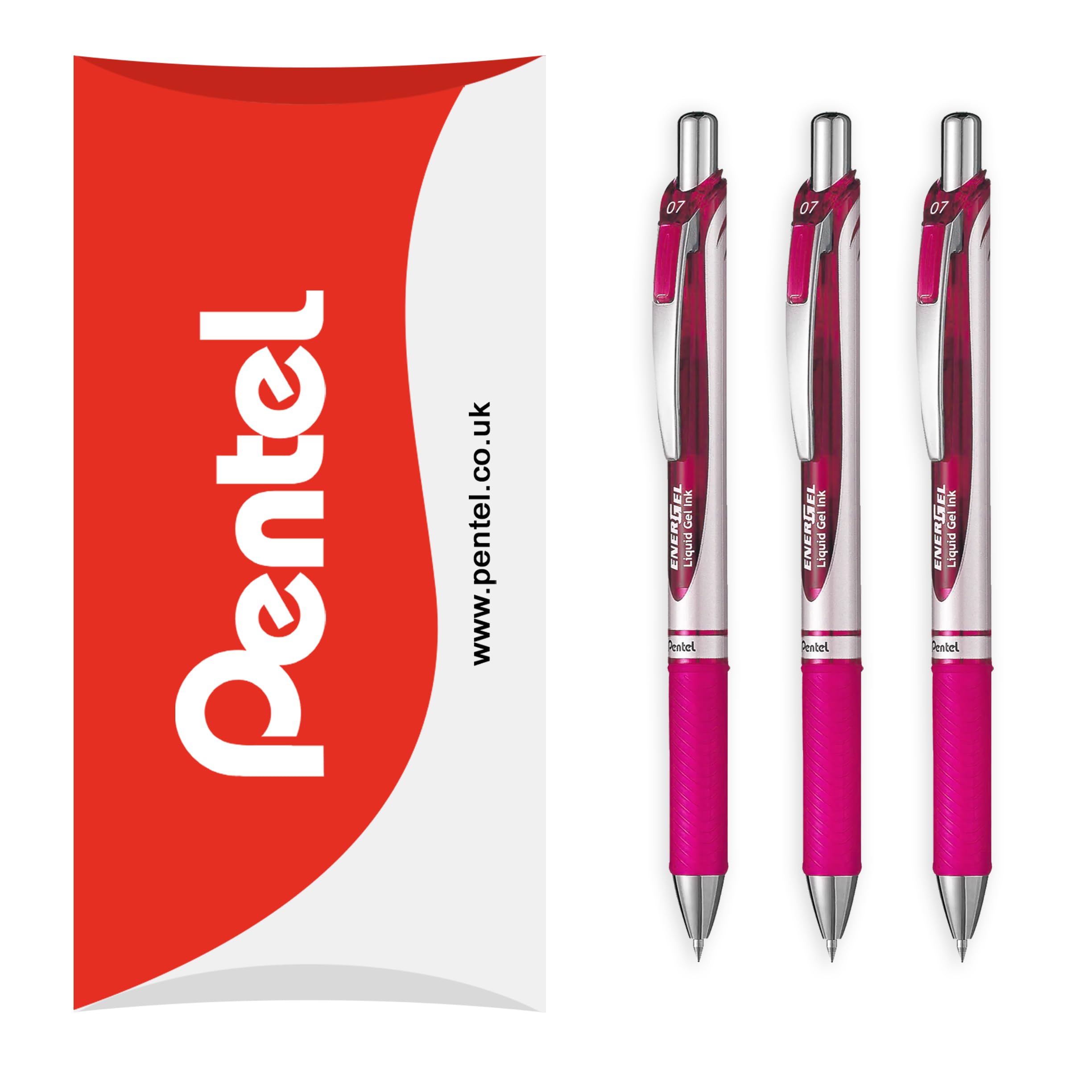 Pentel EnerGel XM BL77 - Retractable Liquid Gel Ink Pen - 0.7mm - 54% Recycled - In Envelope Gift Packaging - Pack of 3 - Pink