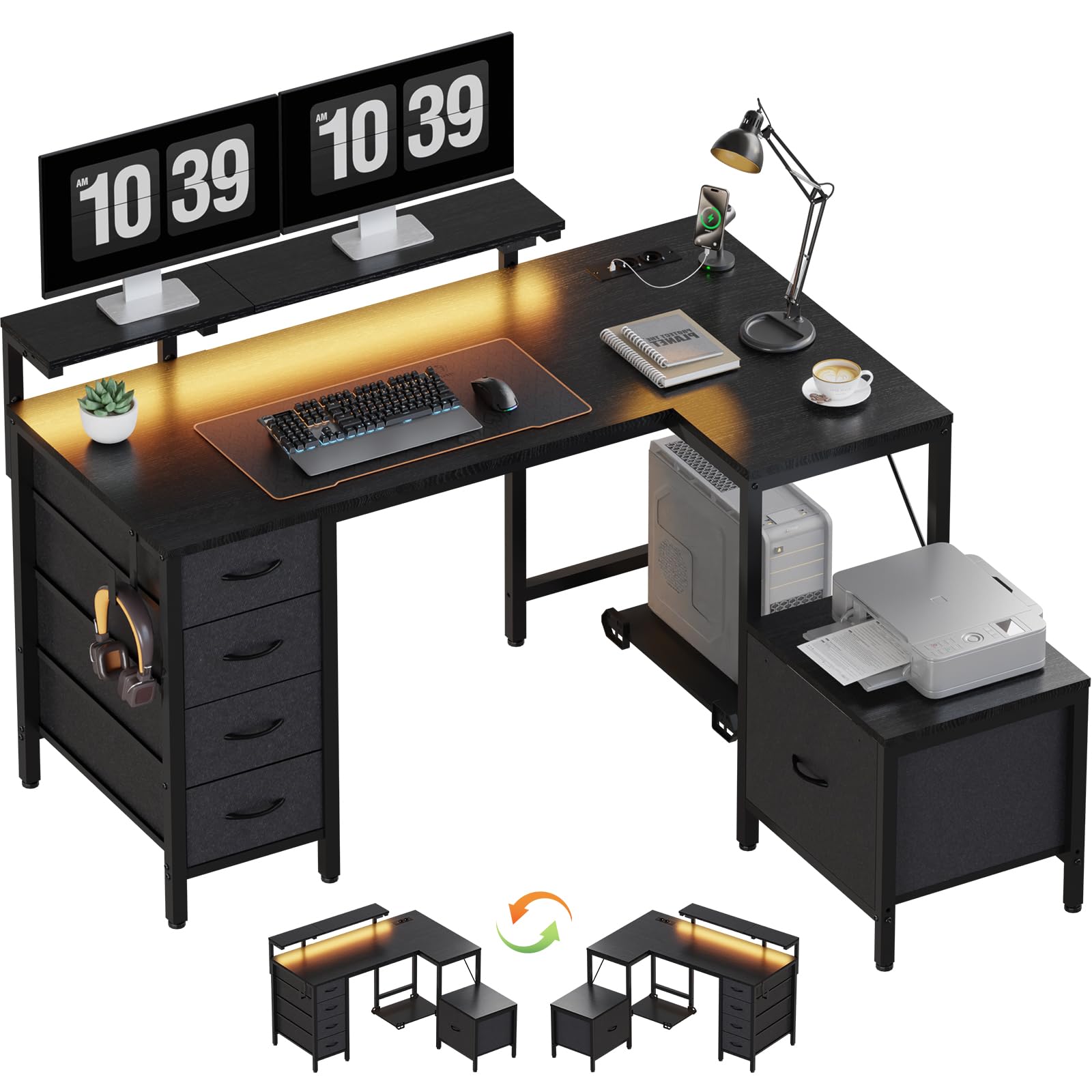 JUMMICO Scrivania angolare con mobile, scrivania reversibile a forma di L, con presa di corrente e porte USB, luci LED e ganci, scrivania da gioco ideale per casa e ufficio, 139 x 120 cm, nero