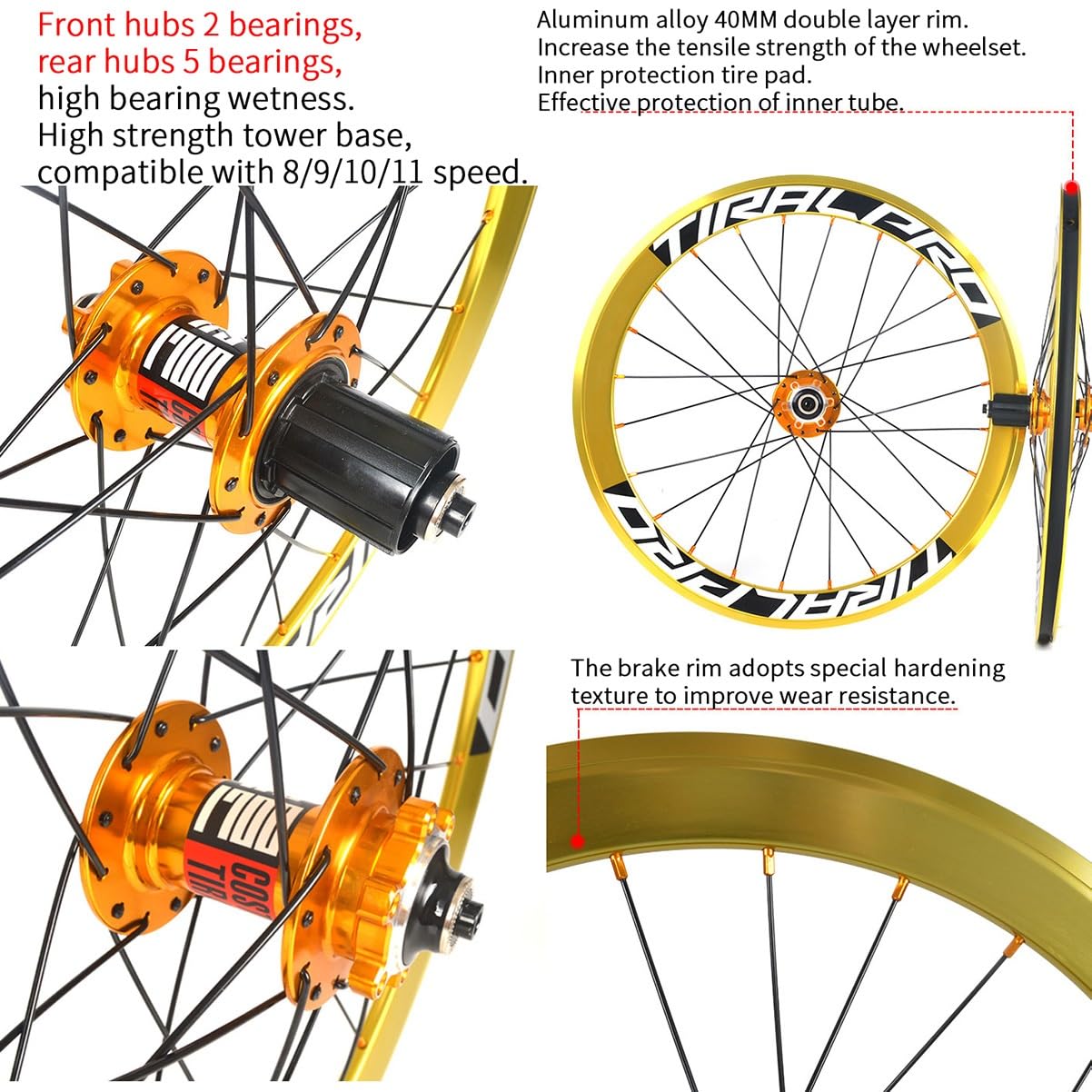 20'' 406/451 Juego De Ruedas Para Bicicleta Plegable Doble Capa Llanta BMX | 24H Freno De Disco Ruedas De Liberación Rápida Para Cassette 7-11 Velocidades(Gold,406)