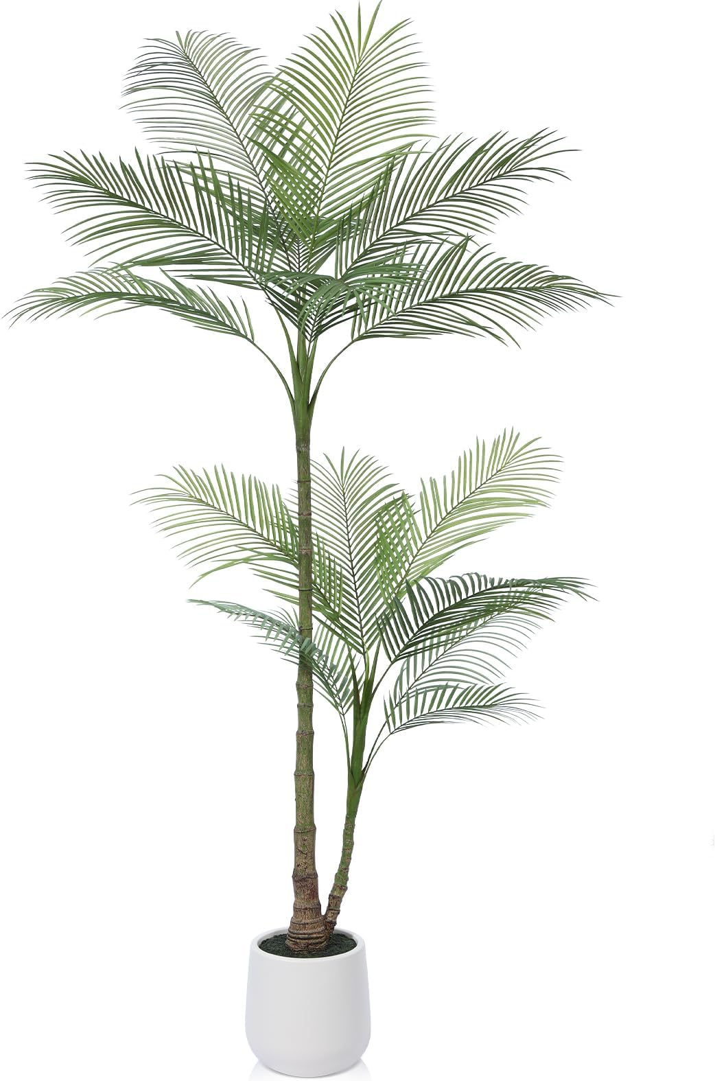 Artificial Areca Palm Tree,7FT Fake Tree in White Imitation Ceramic Planter with Lifelike Moss,Faux Tropical Palm Tree,Dypsis Lutescens Plant for Indoor Entryway Modern Decor Home Office Porch