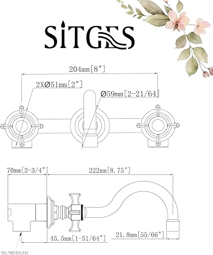 Miniatura 7 de SITGES Grifo de pared, grifo de pared de lavabo de baño de dos manijas con válvula áspera incluida, níquel cepillado