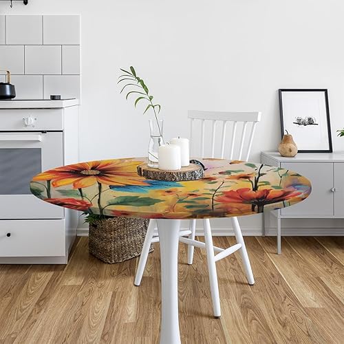 Vista 320 de Mantel redondo ajustable con borde elástico, mantel de hojas coloridas abstractas, impermeable, lavable, para mesas redondas, ideal para picnic