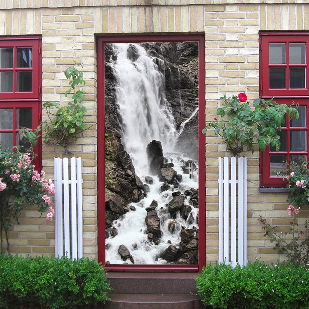 3D Stickers Porte Paysage Naturel De Montagne Cascade 77 X 200 Cm Auto-Adhésif Mural Décoration De La Maison Stickers Muraux Chambre Salon Affiche Amovible Art Autocollants - Photos De Porte - Peintu