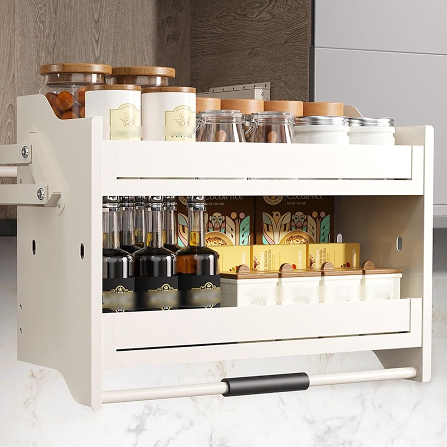 OLSKFUH Aluminium Pull-Down Dish And Spice Rack System 2-Tier Pull-Down Shelf Retractable Cabinet Organiser For Upper Cabinets,White-W18.1