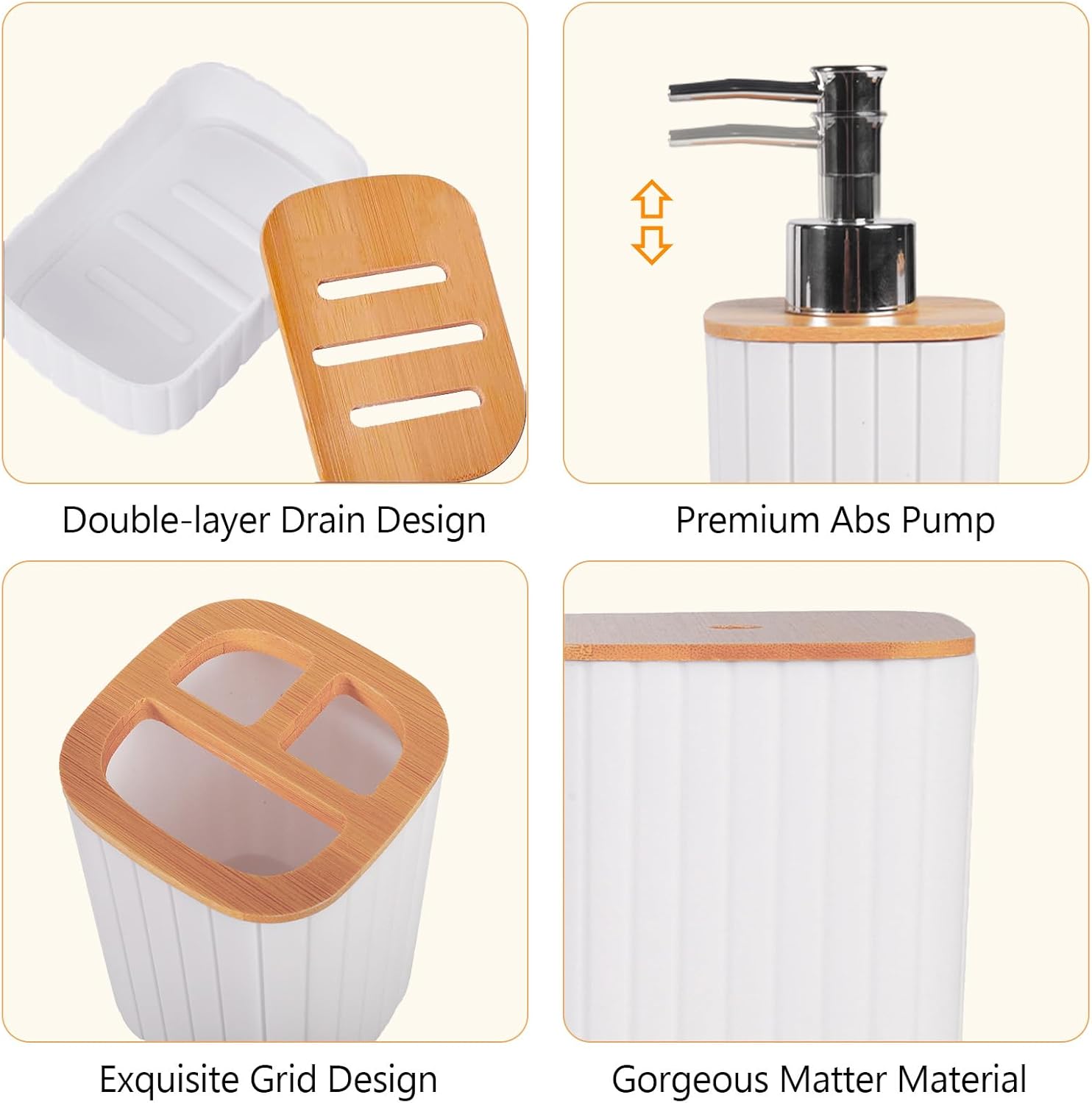 6PC Bathroom Accessory Set with Toilet Brush & Trash Can - Bamboo Accent Soap Dispenser, Toothbrush Holder Complete Bathroom Organization Kit (White, Square)