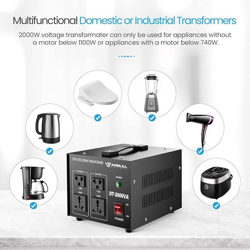 Anbull DT-2000W Toroid Transzformátor Feszültségátalakító - 110V-230V Konverter, Fel-Le Átalakító, 50-60 Hz, 2000VA Teljesítmény