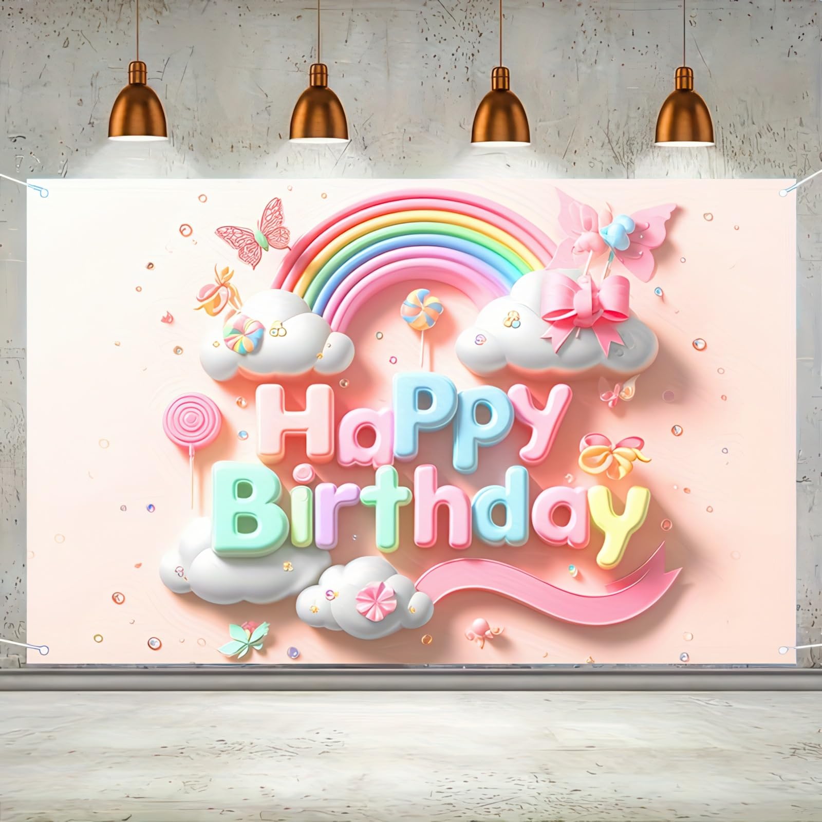 Rainbow Clouds and Butterfly Lollipop Birthday Banner - 71x43 Inch Polyester rainbow banner Photography Backdrop for Birthday Parties Celebrations Home and Garden Decor by Blissyard
