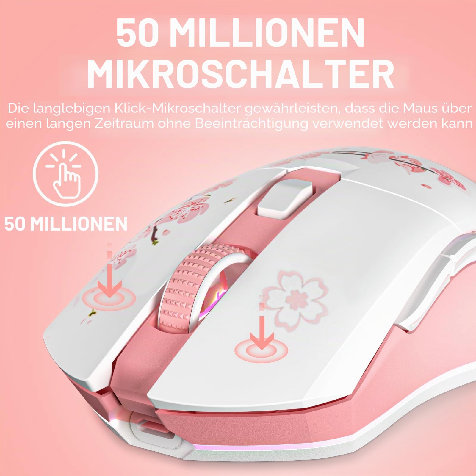 DAREU Sakura Pink Gaming Maus Kabellose mit Magnetic Charging Dock, 12K DPI, 6 Programmierbare Tasten, 300IPS 1000Hz