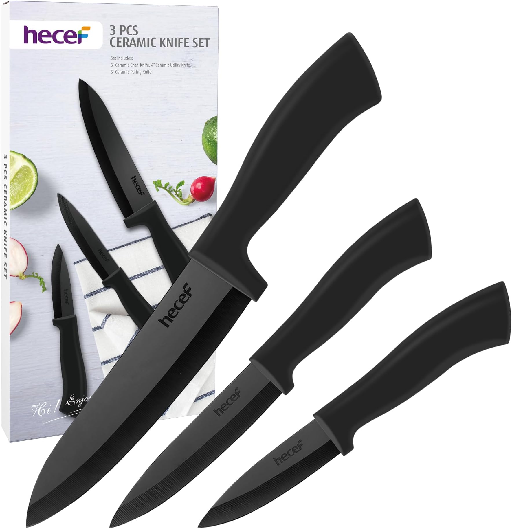 hecef Ceramic Knife Set 3-Piece Sharp Kitchen Knife Set Never Rusted, Black Ceramic 6 Inch Chef's Knife, 4 Inch Fruit Knife, 3 Inch Vegetable Knife (Black)