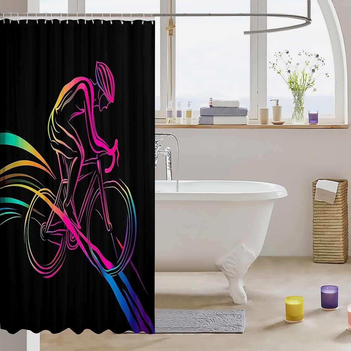 Feelyou Bicycle Rider Shower Curtain 72"x84" Light Bike Bath Curtain for Boys Girls Teens Extreme Sports Bathroom Shower Curtain Set Waterproof Racing Bicycle Rider Kids Bathroom Accessories