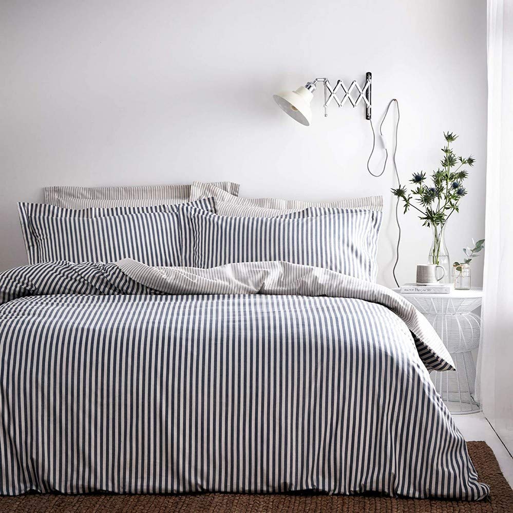 furn. Yard Hebden Mélange Stripe Cotton Duvet Set – Ultra Soft Reversible Striped Bedding (Navy – King)
