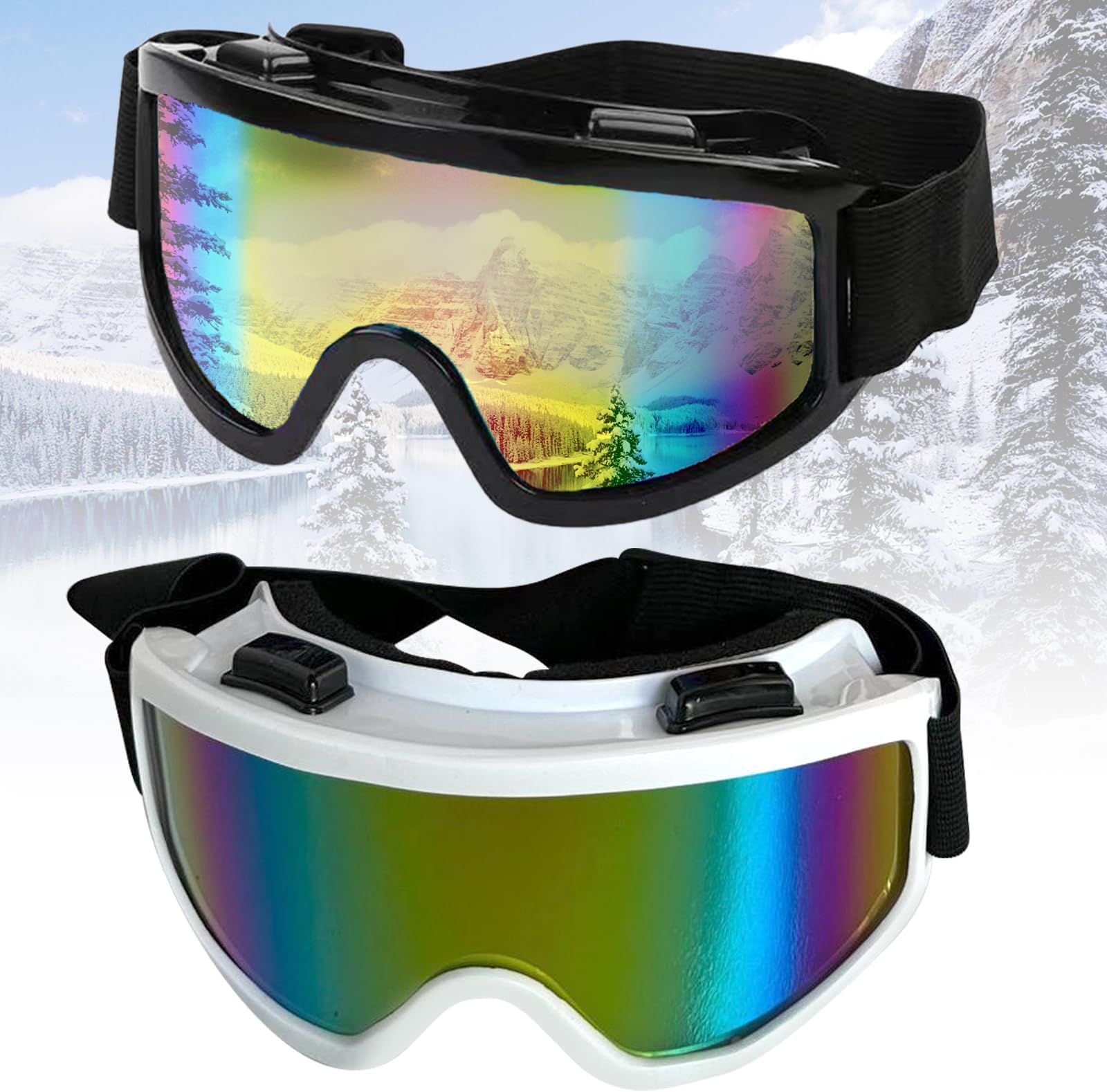BIGTHREE Ski Goggles 2 Pcs - Anti Fog Anti Glare Snow Goggles for Skiing Snowboarding Jet Snow, Over Glasses & Helmet Compatible