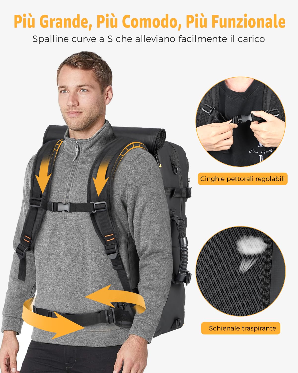 Ponhog Mochila de Viaje Grande 50L, Mochila Viaje Impermeable para Portátil 17,3, Travel Backpack para Excursión y Acampada, Negro
