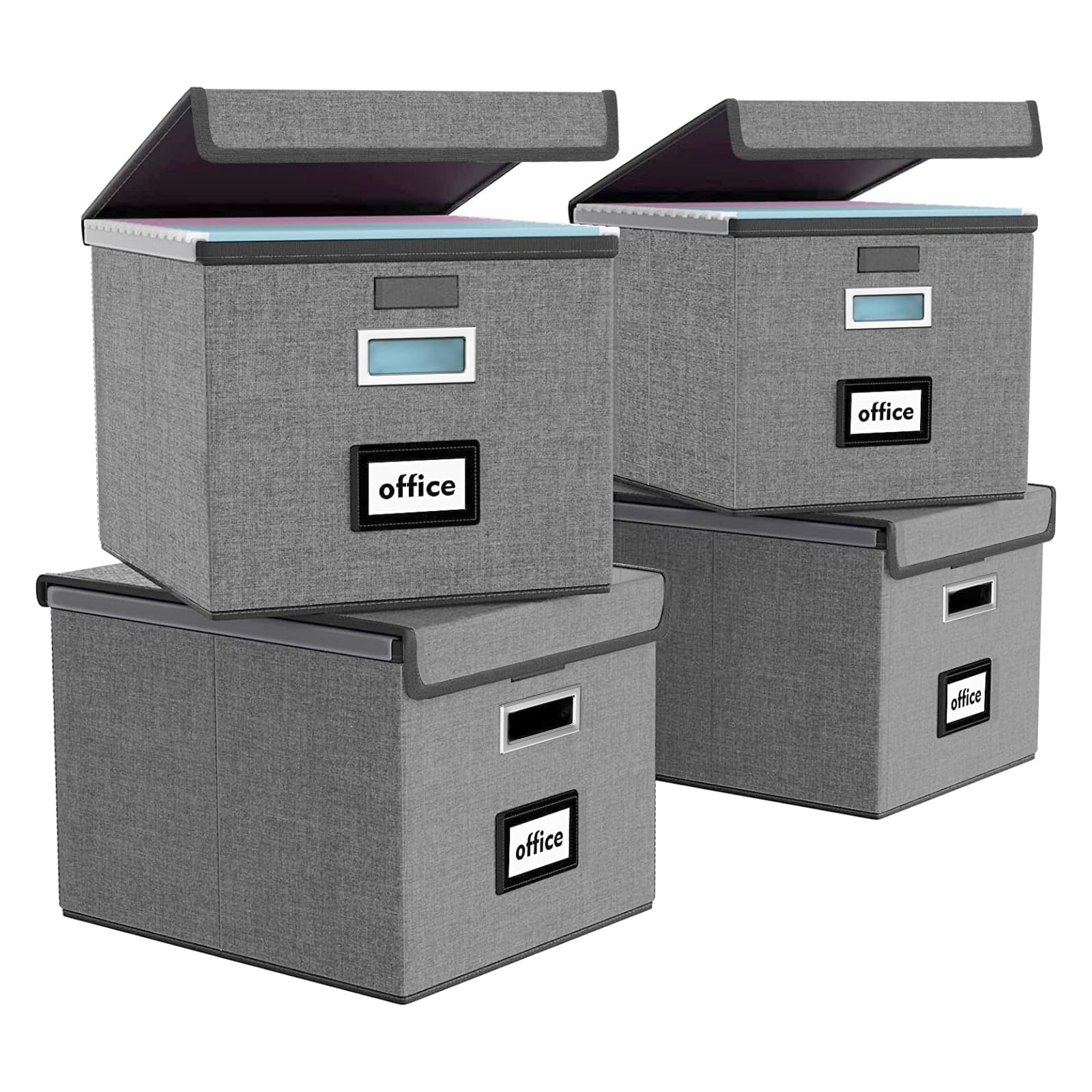 FINEW Caja de almacenamiento plegable de tela con tapa, caja para carpetas colgantes DIN A4, cajas de almacenamiento para oficina, caja plegable para familias (gris oscuro) 4 unidades