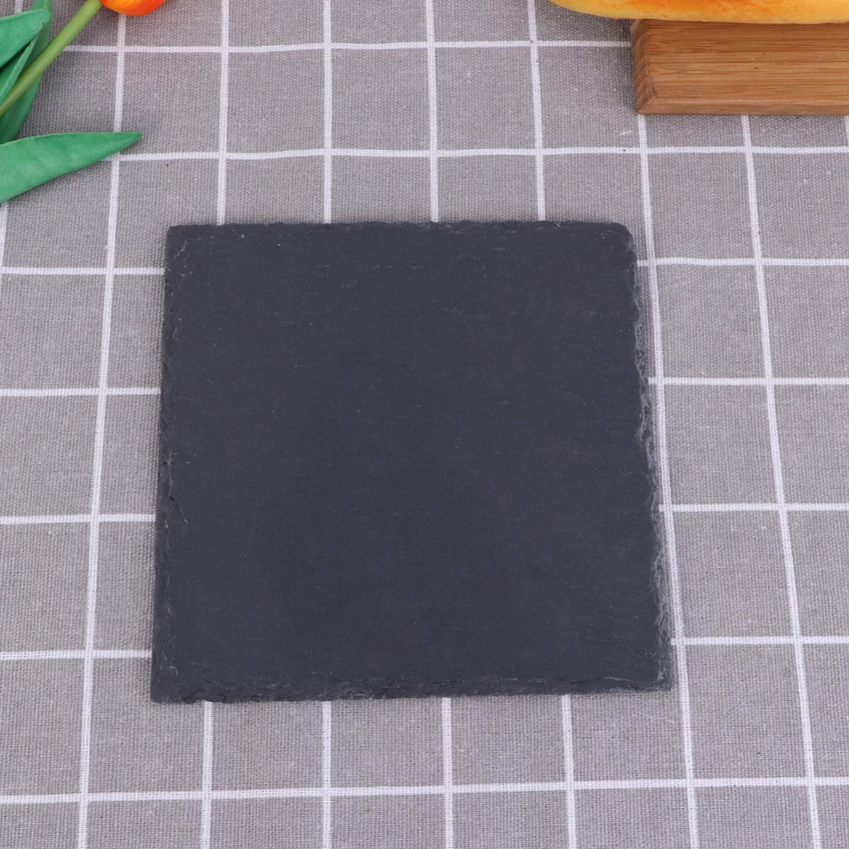 Plato de piedra de pizarra de 20 x 20 cm, ideal para postres de comida occidental, carne, pizza, queso y pastelería, perfecto para uso en el hogar, restaurante y cocina