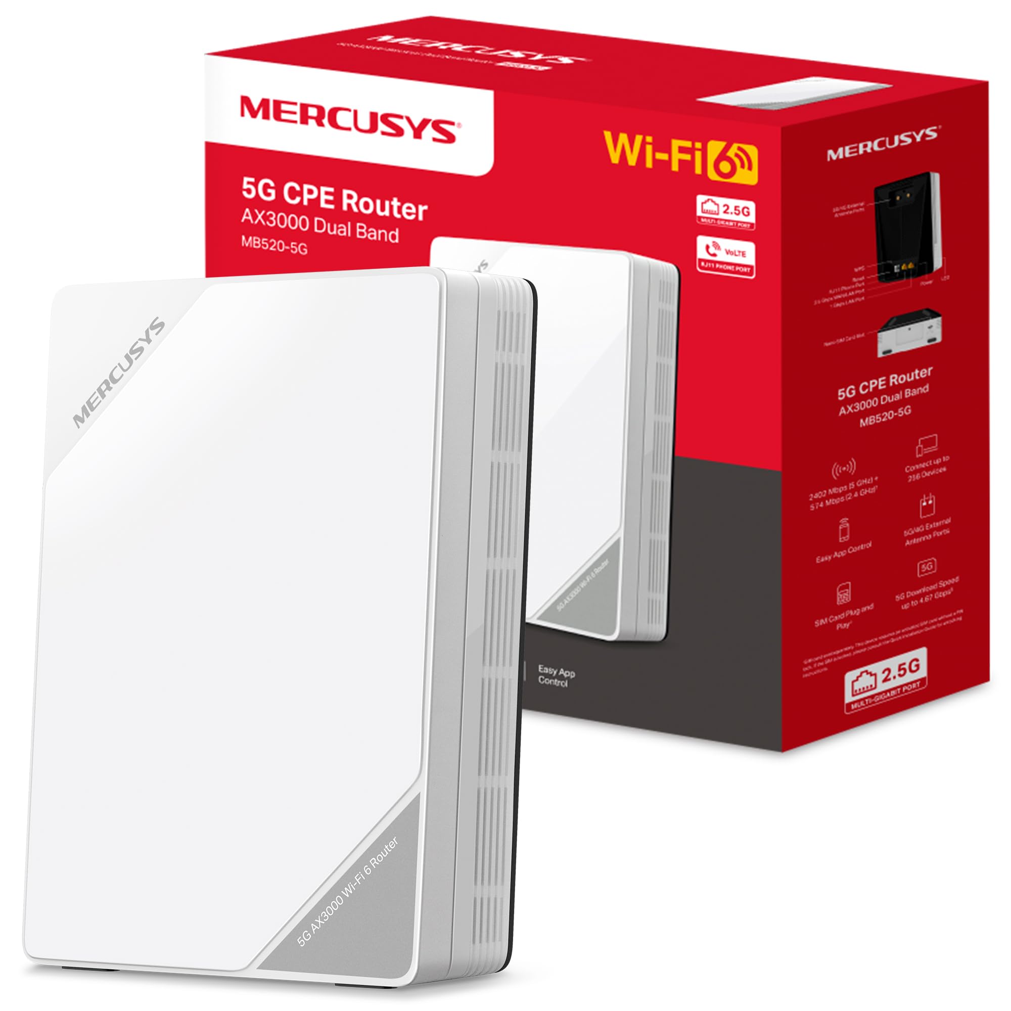 Mercusys MB520‑5G – Router 5G / WiFi 6 Dual Banda AX3000 con módem Integrado, Puerto 2,5 Gbps, Ranura Nano SIM y compatibilidad EasyMesh