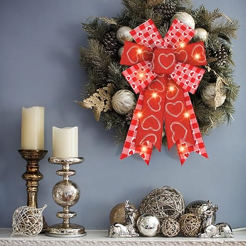 Miniatura 10 de 2 lazos LED para el día de San Valentín para corona, lazos de corona de San Valentín, lazos de arpillera rojos y blancos con luz LED, lazos de