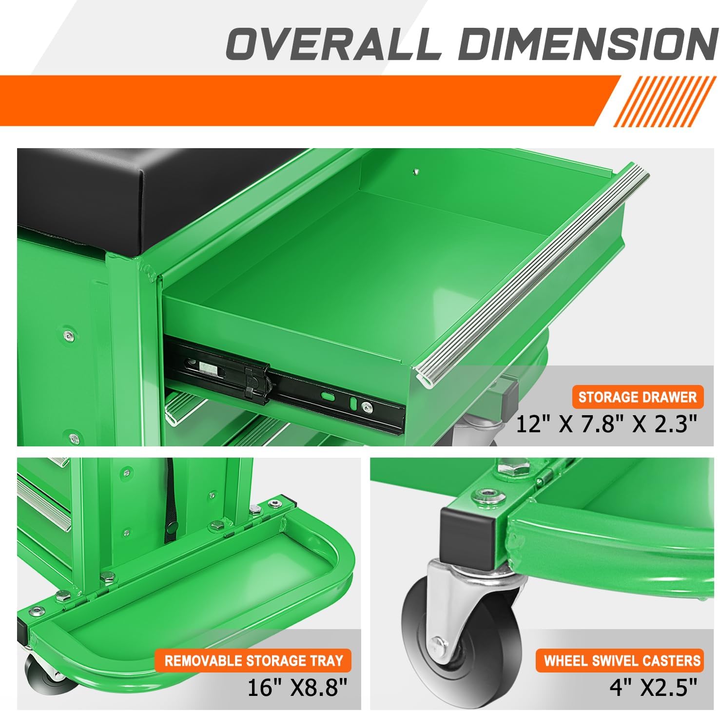 PM PERFORMOTOR 3-Drawer Tool Chest Rolling Mechanic Seat with Tool Trays,350lbs Max Weight Capacity, Green,PM-TOL-RST1-GR