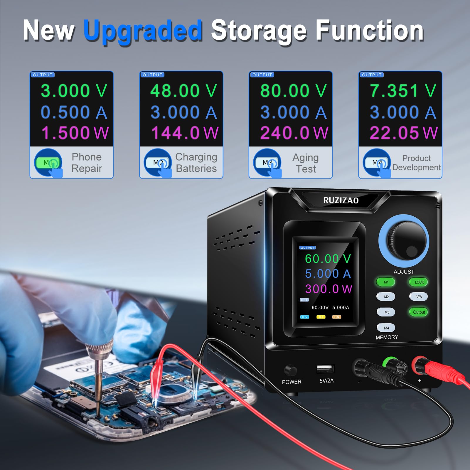 Alimentatore da Banco Programmabile 60V 5A, Alimentatore da Laboratorio con Memoria/OUTPUT/Encoder, Alimentatore Regolabile Variabile con Software, Pulsante di Blocco e Porta di Ricarica USB